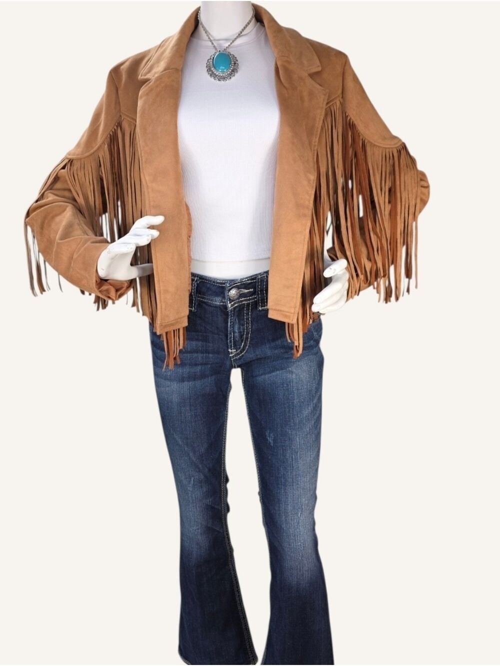 Umgee Winona Camel Faux Suede Fringe Cropped Western Jacket Medium NWT